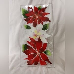 William McGrath Fused Art Glass Serving Tray Poinsetta Christmas Signed Flowers